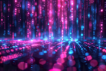 Digital binary code rain in neon blue and pink. 