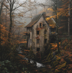 mill sorounded with trees in nature old house, secret forest, foggy autumn