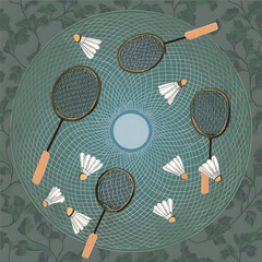 Geometric Badminton Equipment and Botanical Motifs Illustration
