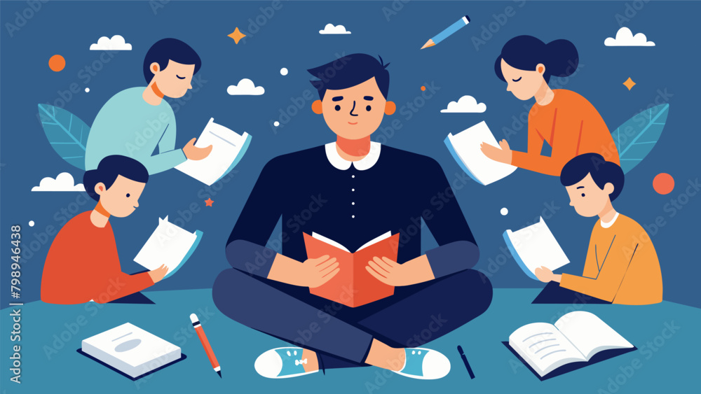Poster a man writing in a journal while surrounded by other men who are doing the same as a form of theutic