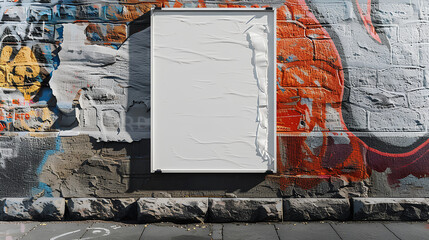 Urban street art sticker mockup framed within white wrinkled poster on textured wall