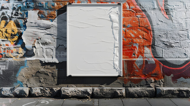 Urban street art sticker mockup framed within white wrinkled poster on textured wall