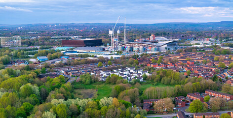 Panoramic aerial image of residential Bradford in the city of Manchester. 