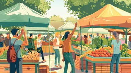 Obraz premium Community spirit at farmer's market as man waves to woman across bustling stalls. Guy waving to a woman