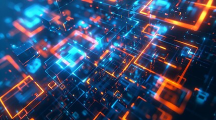 Fototapeta premium An abstract technology background with neon blue and orange square shapes on a dark blue background.