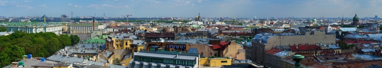 Panoramic view of the Russian city of St. Petersburg from the observation deck of St. Isaac's Cathedral on a spring day