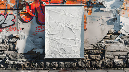 Blank white poster mockup with urban street art sticker frame on textured wall backdrop