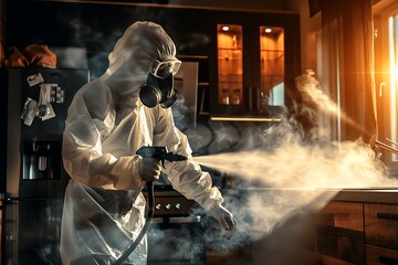 a person in a full protective suit with a mask and gloves, spraying a disinfectant or pesticide along the edges of a kitchen interior.