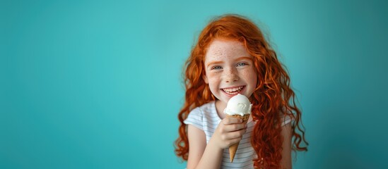 Photo portrait of a smiling girl with long red hair eating ice cream on a blue background, with a place for text