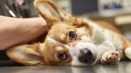 Photo of a corgi dog having a massage at a rehabilitation doctor in the physiotherapy room at a veterinary clinic