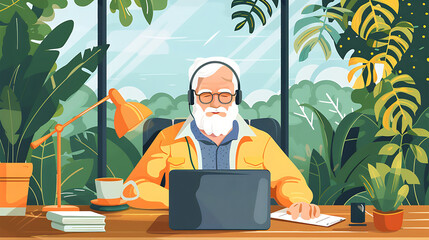 Illustration of a senior man with white hair and beard, wearing headphones and engaged in a video call on his laptop