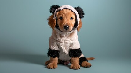 Adorable Panda Costumed Puppy Posing in Studio with Vibrant Colors and Detailed Fur Texture