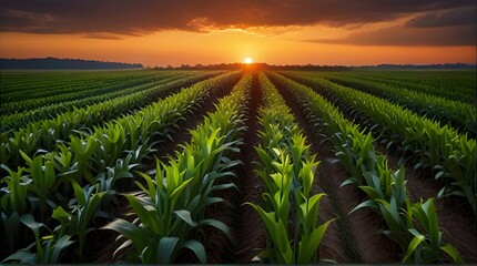 Agriculture advertisements, nature-themed wallpapers, scenic landscape backgrounds,Midwest Corn Field Rows at Sunset - obrazy, fototapety, plakaty
