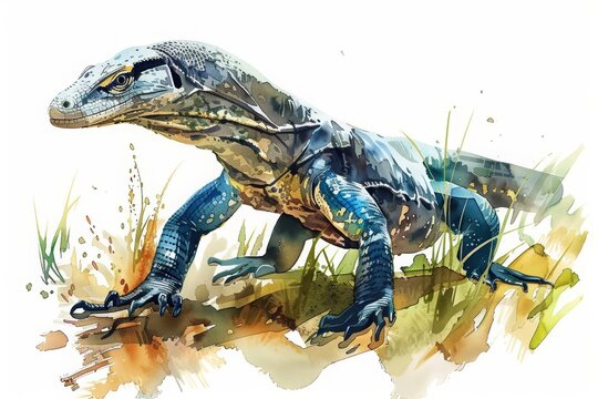 A monitor lizard hunts skillfully in the wetlands, minimal watercolor style illustration isolated on white background