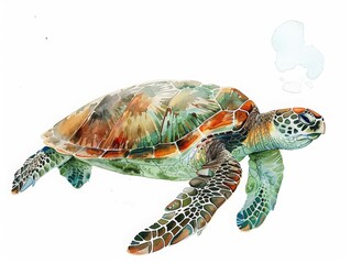 A sea turtle swims majestically in the ocean, minimal watercolor style illustration isolated on white background