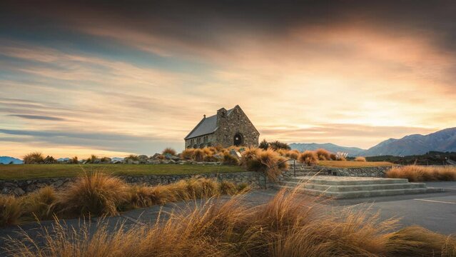 Sunrise glowing over Church of the Good Shepherd in autumn at Lake Tekapo, New Zealand
