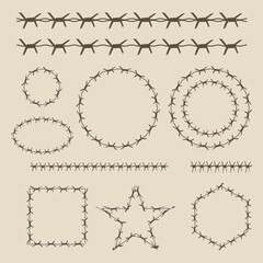 Barbed or barb wire vector illustration of seamless realistic 3D metallic fence wires with sharp edges isolated on white background