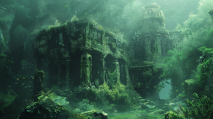 Submerged ruins of a forgotten civilization, their weathered stones adorned with luminescent moss, illuminated by the gentle gradient of an underwater twilight. - obrazy, fototapety, plakaty