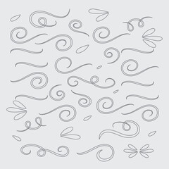 Fototapeta premium Swirl ornament strokes. Filigree swirl decoration, vintage scroll swirls. Hand drawn curly line dividers, wedding decor swirl ornament. Medieval decorative isolated vector illustration symbols set