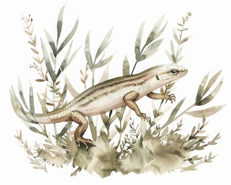 A skink scurries through underbrush, minimal watercolor style illustration isolated on white background
