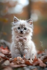 Adorable Ragdoll Kitten in Handmade Crochet Bowtie Posing in Natural Setting with Blurred Foliage Background