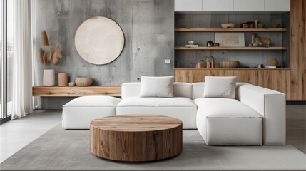 Modern living room featuring a minimalist white sectional sofa, wooden coffee table, and neutral decor against a textured wall.