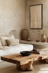 A minimalist living room featuring a wooden coffee table, neutral tones, and decorative vases, creating a serene and inviting atmosphere.