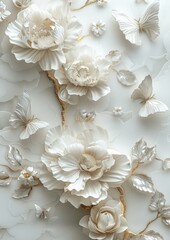 White composition with peonies, butterflies, gorgeous and elegant flowers