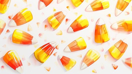 Candy corn pieces are artfully scattered on a table, a sign of seasonal treats, minimal watercolor style illustration isolated on white background