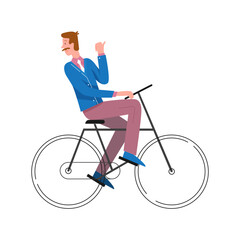 Man riding bicycle, happy male cyclist character looking back vector illustration