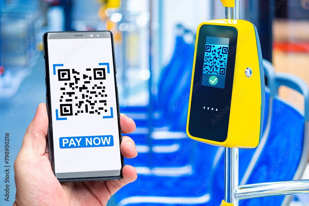 Poster payment terminal inside bus. application with qr on phone screen. application that says pay now. bus