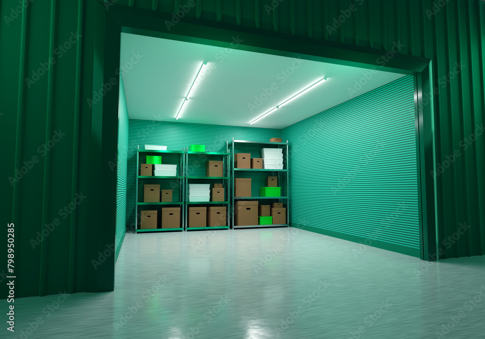 Poster storage garage. small warehouse room. self storage unit with boxes on shelves. concept for renting w