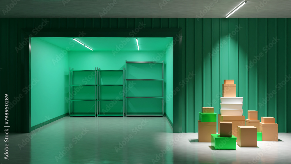 Poster self storage unit. cardboard boxes stacked by open door warehouse. storage unit with empty shelves. 
