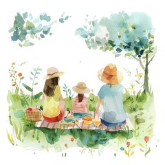 Enjoy a peaceful scene of a family picnic on a sunny day weekend, minimal watercolor style illustration isolated on white background