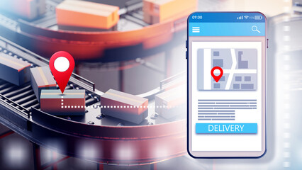 Delivery technologies. Phone with courier application. Conveyor belt with boxes. Delivery tracking...