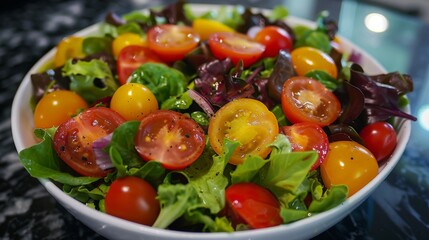 Simple yet elegant salad with mixed greens and cherry tomatoes.