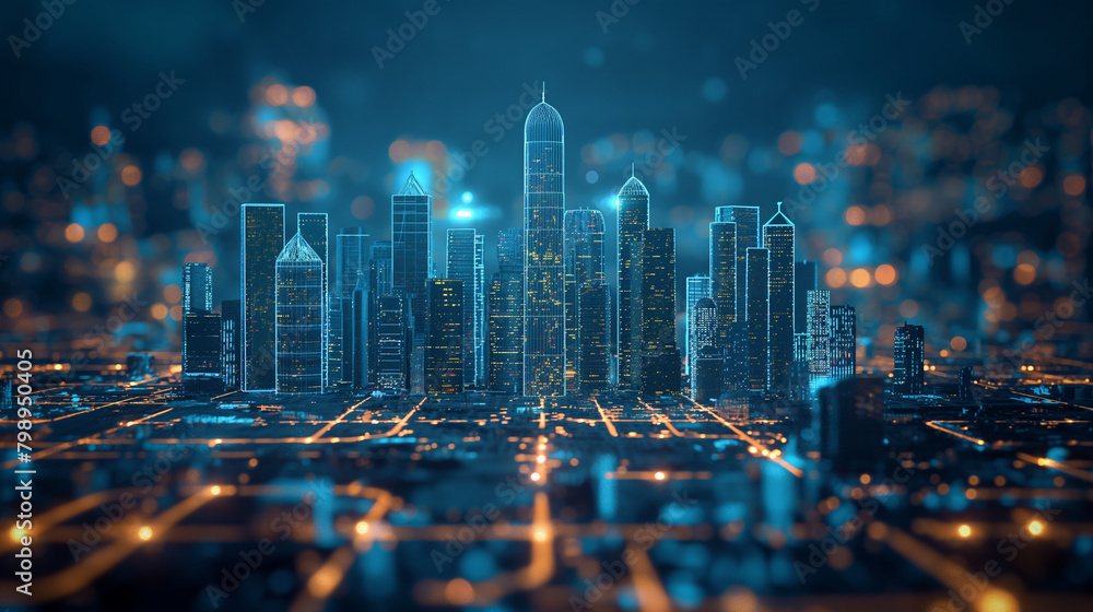 Poster futuristic city on digital tablet technology, smart city internet of things application system abstr