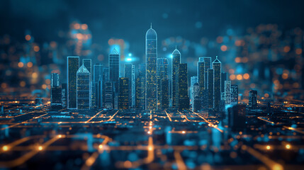 Futuristic city on digital tablet technology, smart city internet of things application system abstract blue background of internet network connection wireless communication graphical icon concept.