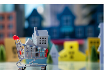shopping cart with house model for concept investment mortgage finance and home loan refinance