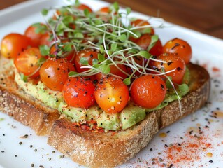 An avocado toast topped with cherry tomatoes and microgreens.