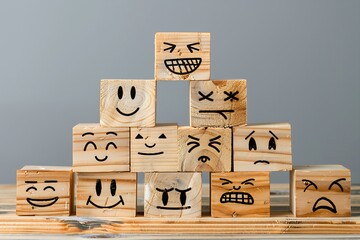 a series of wooden blocks with various smiling faces painted on them
