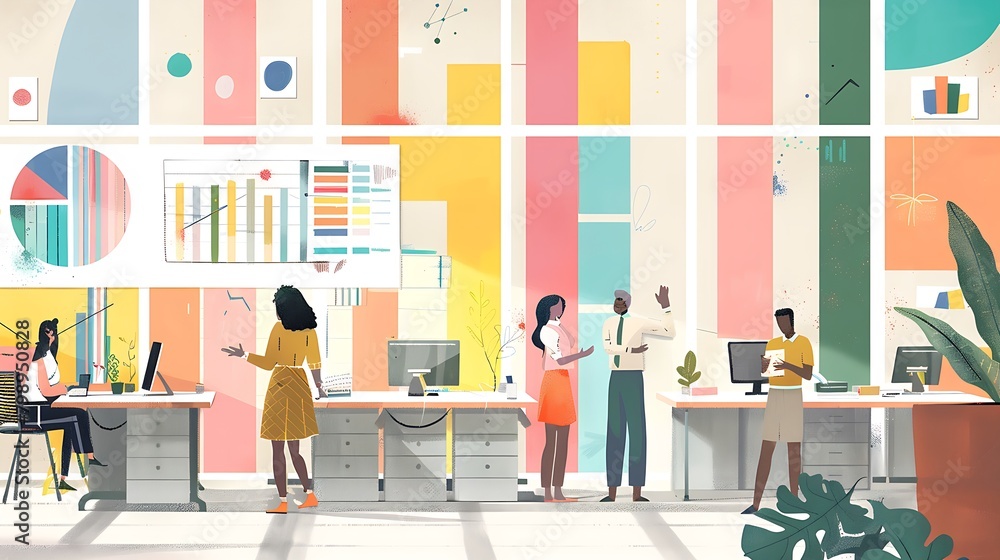 Poster a diverse team of individuals collaborating in front of a large wall filled with colorful charts and