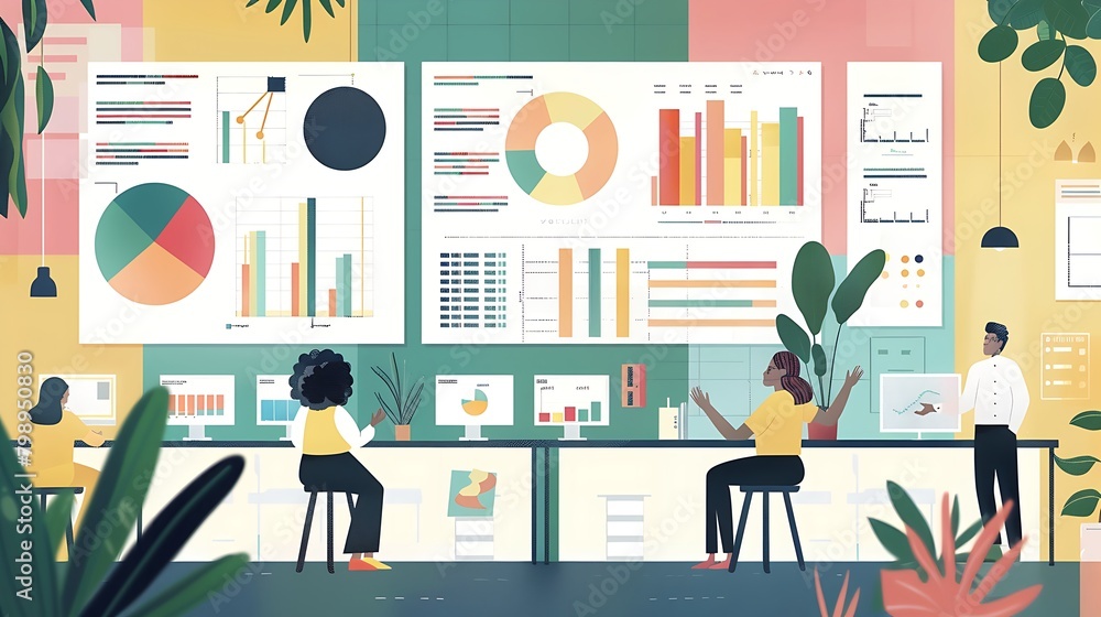 Poster a diverse team of individuals collaborating in front of a large wall filled with colorful charts and