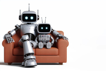 Fototapeta premium Large and small robot sitting on the couch. Space for text.