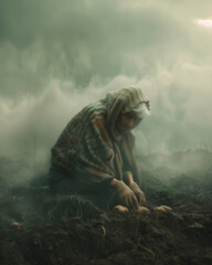 Elderly Woman Planting Potatoes