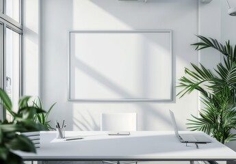 Frame mockup,Empty Picture Frame on Desk with Plant and Pen Holder, high-resolution (300 DPI)