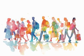 Shoppers rush to find the best deals during a Memorial Day Sale, minimal watercolor style illustration isolated on white background