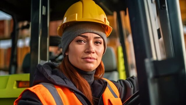 Close up of A female foreman driving forklift at shipping container yard, Industrial engineer woman drives reach stacker truck to lift cargo box at logistic terminal dock.