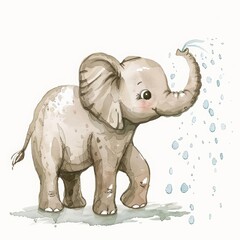 A baby elephant sprays water playfully with its trunk, minimal watercolor style illustration isolated on white background