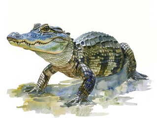A caiman lurks in shallow waters, awaiting its next meal, minimal watercolor style illustration isolated on white background